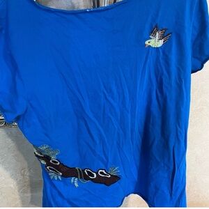 Johnny Was Blue Tee with Bird Embroidery